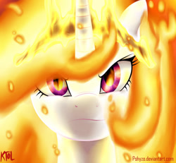 Size: 1024x946 | Tagged: safe, artist:pshyzomancer, character:nightmare star, character:princess celestia, angry, female, fire, prime celestia, solo
