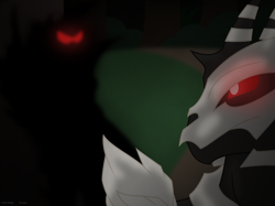 Size: 1162x867 | Tagged: safe, artist:faith-wolff, fanfic:the bridge, crossover, fanfic art, gigan, godzilla (series), kaiju, monster x, ponyville, red eyes, red eyes take warning, silhouette