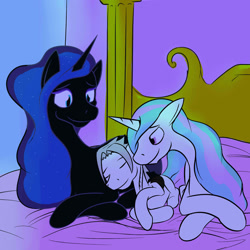 Size: 1280x1280 | Tagged: safe, artist:fuzebox, character:nightmare moon, character:princess celestia, character:princess luna, oc, oc:aero ruinwing, species:pony, bed, blank flank, canon x oc, colt, cuddling, eyes closed, male, missing accessory, nicemare moon, nuzzling, prone, shipping, smiling, snuggling