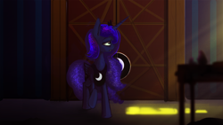 Size: 960x540 | Tagged: safe, artist:hierozaki, character:princess luna, lunadoodle, crepuscular rays, female, frown, open mouth, raised hoof, solo, sunrise, tired