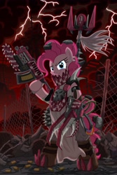 Size: 3000x4500 | Tagged: safe, artist:template93, character:pinkie pie, species:pony, apocalypse, armor, badass, bipedal, chainsaw, city, claws, crossover, destruction, female, fence, fire, gun, iron gob, lightning, ork, power klaw, semi-anthro, solo, speedpaint, standing, time lapse, warhammer (game), warhammer 40k, xk-class end-of-the-world scenario