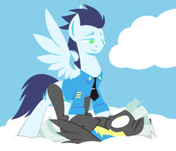 Size: 1280x1100 | Tagged: safe, artist:hoverrover, character:soarin', character:thunderlane, species:pegasus, species:pony, clothing, cloud, cloudy, eye contact, gay, hooves, legs in air, lineless, lying down, male, on back, shipping, sky, smiling, soarilane, spread wings, stallion, standing, wings, wonderbolt trainee uniform, wonderbolts dress uniform