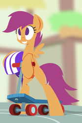 Size: 1280x1920 | Tagged: safe, artist:hoverrover, character:scootaloo, species:pegasus, species:pony, g4, blank flank, female, filly, foal, grin, helmet, hooves, lineless, no pupils, scooter, smiling, solo, spread wings, standing, teeth, vector, wings