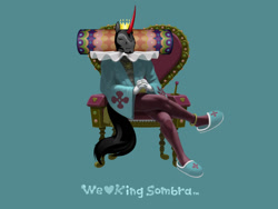 Size: 1024x768 | Tagged: safe, artist:bgn, character:king sombra, species:anthro, blue background, clothing, crown, katamari damacy, king of all cosmos, male, simple background, slippers, wtf