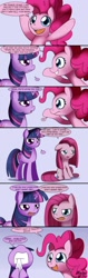 Size: 700x2225 | Tagged: safe, artist:solar-slash, character:pinkamena diane pie, character:pinkie pie, character:twilight sparkle, character:twilight sparkle (unicorn), species:earth pony, species:pony, species:unicorn, g4, comic, female, looking at each other, mare, photoshop, smiling