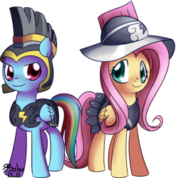 Size: 870x879 | Tagged: dead source, safe, artist:solar-slash, character:fluttershy, character:rainbow dash, species:pegasus, species:pony, g4, armor, clothing, commander hurricane, costume, duo, female, helmet, mare, private pansy, simple background, transparent background