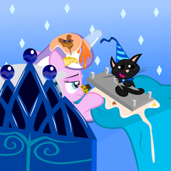 Size: 1635x1635 | Tagged: safe, artist:magerblutooth, character:diamond tiara, oc, oc:dazzle, bed, breakfast in bed, breakfast is ruined, cat, clothing, croissant, egg, hat, milk, missing accessory, pancakes, party hat