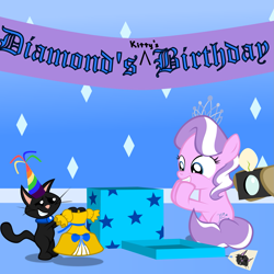 Size: 1635x1635 | Tagged: safe, artist:magerblutooth, character:diamond tiara, character:filthy rich, oc, oc:dazzle, birthday, camera, cat, clothing, dress, hat, party hat, present