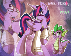 Size: 1346x1063 | Tagged: dead source, safe, artist:rainbowscreen, character:barb, character:spike, character:twilight sparkle, character:twilight sparkle (alicorn), oc:dusk shine, species:alicorn, species:pony, clothing, glasses, prince dusk, rule 63, sharon, vest, zoom layer