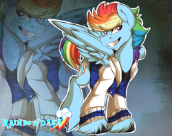 Size: 1346x1063 | Tagged: dead source, safe, artist:rainbowscreen, character:rainbow dash, clothing, grin, jacket, rainbow blitz, rule 63, smiling, solo, spread wings, unshorn fetlocks, wings, zoom layer