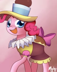 Size: 800x1000 | Tagged: safe, artist:solar-slash, character:pinkie pie, species:earth pony, species:pony, g4, chancellor puddinghead, clothing, costume, female, happy, hat, looking at you, mare, photoshop, smiling, solo