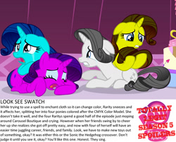 Size: 1280x1029 | Tagged: safe, artist:dtkraus, edit, edited screencap, screencap, character:rarity, clones, cmyk, commonity, crying, marshmelodrama, multeity, my little pony logo, recolor, sad, seems legit, spell gone wrong, text, totally legit season 5 spoilers, wat