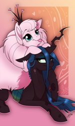 Size: 600x1000 | Tagged: dead source, safe, artist:probablyfakeblonde, character:queen chrysalis, oc, oc:fluffle puff, species:changeling, species:pony, ship:chrysipuff, accessory swap, blep, canon x oc, crown, female, heart, lesbian, lidded eyes, pony hat, prone, shipping, smiling, tongue out