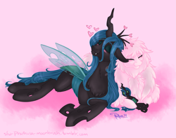 Size: 1943x1533 | Tagged: safe, artist:phathusa, character:queen chrysalis, oc, oc:fluffle puff, species:changeling, species:earth pony, species:pony, ship:chrysipuff, blushing, canon x oc, changeling queen, cuddling, eyes closed, female, fluffy, heart, lesbian, mare, photo, prone, quadrupedal, rubbing, shipping, smiling, snuggling