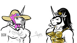 Size: 1024x576 | Tagged: safe, artist:bgn, character:king sombra, oc, oc:nado, species:anthro, species:pony, species:unicorn, chest hair, clothing, crossdressing, crown, dress, hairy, hat, male, moobs, rocket bra, stupid sexy sombra, sun hat