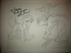 Size: 1000x747 | Tagged: safe, artist:probablyfakeblonde, character:fluttershy, oc, oc:lady snow, species:kirin, andrea libman, autograph, monochrome, predicted the show, signature, traditional art