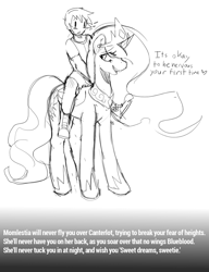 Size: 1000x1300 | Tagged: safe, artist:mewball, edit, character:princess celestia, species:human, crown, dialogue, feels, horseshoes, humans riding ponies, jewelry, looking back, momlestia, monochrome, nervous, peytral, regalia, riding, smiling, standing, you will never x