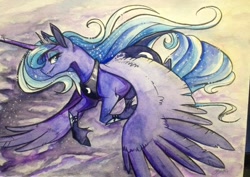 Size: 600x424 | Tagged: dead source, safe, artist:probablyfakeblonde, character:princess luna, species:classical unicorn, bedroom eyes, female, flying, gouache, leonine tail, looking at you, smiling, solo, spread wings, traditional art, unshorn fetlocks, wings
