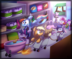 Size: 2000x1652 | Tagged: safe, artist:fj-c, character:applejack, character:fluttershy, character:pinkie pie, character:rainbow dash, character:rarity, character:twilight sparkle, bathtub, context is for the weak, grocery store, mane six, rubber duck, sleeping, tongue out