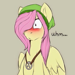 Size: 813x809 | Tagged: safe, artist:rainbowscreen, character:fluttershy, species:pegasus, species:pony, g4, ask, ask the gaylord, blushing, butterscotch, clothing, hat, hippieshy, male, necklace, rule 63, stallion, tumblr