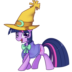 Size: 900x900 | Tagged: safe, artist:solar-slash, character:twilight sparkle, character:twilight sparkle (unicorn), species:pony, species:unicorn, black mage, bow, clothing, crescent moon, female, final fantasy, happy, hat, mare, moon, open mouth, solo