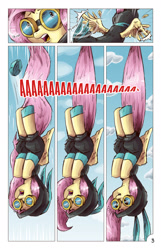 Size: 1393x2167 | Tagged: safe, artist:saturdaymorningproj, character:fluttershy, species:pegasus, species:pony, angelic flutterboom, bunny ears, clothing, comic, dangerous mission outfit, eyes closed, falling, feather, female, goggles, hoodie, mare, open mouth, screaming, solo, wide eyes, wing cramp