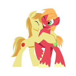 Size: 1280x1280 | Tagged: safe, artist:hoverrover, character:big mcintosh, character:braeburn, species:earth pony, species:pony, ship:braemac, applecest, colored hooves, eyes closed, gay, hooves, hug, incest, lineless, male, one eye closed, raised hoof, shipping, simple background, smiling, stallion, teeth, transparent background