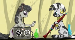 Size: 900x483 | Tagged: safe, artist:madhotaru, character:octavia melody, character:zecora, species:earth pony, species:pony, species:zebra, cute, female, hoof hold, mare, musical instrument, recorder