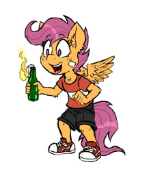 Size: 750x850 | Tagged: dead source, safe, artist:ichibangravity, character:scootaloo, species:anthro, species:pegasus, species:pony, female, fire, molotov cocktail, solo, this will end in fire, this will end in tears, this will end in tears and/or death