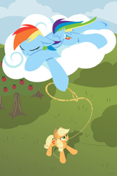 Size: 1280x1920 | Tagged: safe, artist:hoverrover, character:applejack, character:rainbow dash, species:earth pony, species:pegasus, species:pony, apple tree, applejack's hat, clothing, cloud, cloudy, cowboy hat, cutie mark, eyes closed, female, floppy ears, glare, gritted teeth, hat, hooves, lasso, lineless, looking up, lying down, mare, mouth hold, prone, rope, sleeping, standing, tree, wings