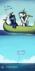 Size: 1200x2400 | Tagged: safe, artist:anticular, character:princess celestia, character:princess luna, species:alicorn, species:bird, species:pony, species:seagull, ask sunshine and moonbeams, boat, duo, duo female, female, followers, mare, ocean, open mouth, telescope, tumblr, water