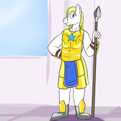 Size: 1280x1280 | Tagged: safe, artist:fuzebox, oc, oc only, oc:cloud skipper, species:anthro, species:plantigrade anthro, anthro oc, armor, blonde, boot, canterlot, guard, male, royal guard, solo, spear