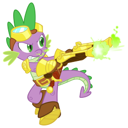 Size: 1700x1700 | Tagged: safe, artist:equestria-prevails, character:spike, species:dragon, armor, belt, clothing, dual wield, goggles, gun, male, pistol, shoes, simple background, solo, steampunk, sword, transparent background, vector, weapon