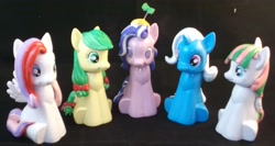 Size: 4089x2177 | Tagged: safe, artist:gryphyn-bloodheart, character:apple fritter, character:blossomforth, character:diamond rose, character:screwball, character:trixie, apple family member, custom, sculpted, sitting, soap bottle