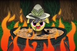 Size: 4500x3000 | Tagged: safe, artist:template93, character:daring do, apple, apple gag, bondage, cauldron, clothing, commission, cooked alive, cooking, danger, female, fire, food, food gag, forest, gag, hat, implied cannibalism, peril, pony as food, rope, solo, stew, tied up