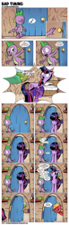 Size: 1102x3579 | Tagged: safe, artist:saturdaymorningproj, character:big mcintosh, character:spike, character:twilight sparkle, species:earth pony, species:pony, ship:twimac, awkward, caught, clothing, comic, door, floppy ears, frown, male, music notes, nervous, shipping, smiling, socks, stallion, straight, striped socks, wide eyes