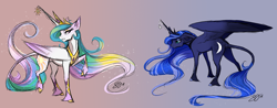 Size: 1024x402 | Tagged: dead source, safe, artist:probablyfakeblonde, character:princess celestia, character:princess luna, species:alicorn, species:classical unicorn, species:pony, bedroom eyes, bored, cloven hooves, floppy ears, fluffy, frown, gradient background, gritted teeth, horn jewelry, jewelry, leonine tail, long mane, looking at you, open mouth, raised hoof, raised leg, realistic horse legs, spread wings, unshorn fetlocks, wings