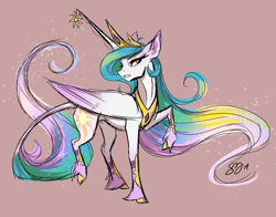 Size: 1280x1005 | Tagged: safe, artist:probablyfakeblonde, character:princess celestia, species:classical unicorn, bedroom eyes, cloven hooves, colored hooves, ethereal mane, female, fluffy, gritted teeth, horn jewelry, jewelry, leonine tail, long mane, looking at you, pink background, raised hoof, raised leg, simple background, solo, unshorn fetlocks
