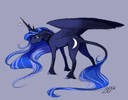 Size: 1280x1005 | Tagged: safe, artist:probablyfakeblonde, character:princess luna, species:alicorn, species:classical unicorn, species:pony, bedroom eyes, bored, ethereal mane, female, floppy ears, fluffy, frown, gray background, horn jewelry, jewelry, leonine tail, long mane, simple background, solo, spread wings, unshorn fetlocks, wings