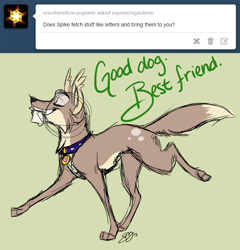 Size: 1280x1332 | Tagged: safe, artist:probablyfakeblonde, character:spike, species:dog, collar, dog collar, equestria gardens, eyes closed, fetch, good dog best friend, green background, grin, homestuck, meme, mouth hold, simple background, smiling, species swap, spike the dog