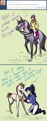 Size: 1279x3299 | Tagged: safe, artist:probablyfakeblonde, character:pipsqueak, character:princess celestia, character:princess luna, character:twilight sparkle, species:human, species:pony, ship:lunapip, apple, blaze (coat marking), bridle, colt, equestria gardens, foal, green background, horse, humanized, humans riding horses, interspecies, jockey, male, pinto, realistic, reins, riding, saddle, shipping, simple background, socks (coat marking), species swap, straight