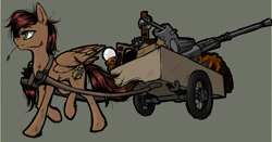 Size: 1280x672 | Tagged: safe, artist:madhotaru, oc, oc only, species:pegasus, species:pony, cannon, cart, dirty, fluffy, gears, mouth hold, solo, television, walking, weapon, wings