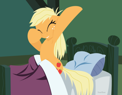 Size: 1280x1000 | Tagged: safe, artist:hoverrover, character:applejack, species:earth pony, species:pony, bed, cute, cutie mark, eyes closed, female, freckles, hooves, jackabetes, lineless, mare, morning ponies, pillow, sitting, smiling, solo, teeth, waking up