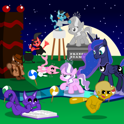 Size: 1635x1635 | Tagged: safe, artist:magerblutooth, character:diamond tiara, character:princess luna, oc, oc:dazzle, cake, candy, cat, multiple personality, vector