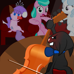 Size: 1635x1635 | Tagged: safe, artist:magerblutooth, character:aquamarine, character:diamond tiara, character:royal blue, oc, oc:dazzle, species:earth pony, species:pony, aquabetes, auditorium, background pony, bow tie, cat, cello, cute, diamondbetes, dummy, female, filly, musical instrument, ponies sitting like humans, royal blue, royalbetes