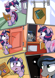 Size: 2480x3507 | Tagged: safe, artist:mistydash, character:twilight sparkle, book, comic, door, filly, hair bow, librarian, library, raised hoof