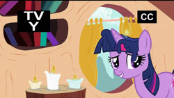 Size: 1280x720 | Tagged: safe, artist:dtkraus, edit, edited screencap, screencap, character:twilight sparkle, candle, fire, goddammit kraus, looking at you, on fire, smiling, tv rating, tv-y, wat