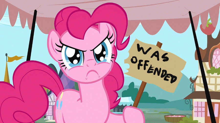 Size: 900x506 | Tagged: safe, artist:dtkraus, edit, character:pinkie pie, species:earth pony, species:pony, >:c, angry, animated, crying, cute, diapinkes, eye shimmer, female, frown, looking at you, madorable, mare, offended, parody, reaction image, sign, solo