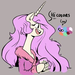 Size: 708x706 | Tagged: safe, artist:herny, character:princess celestia, species:pony, bathrobe, clothing, coffee mug, color palette, dialogue, face, female, fourth wall, mare, messy mane, morning ponies, mug, open mouth, robe, solo