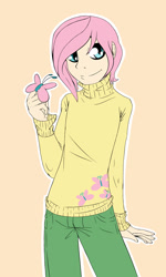 Size: 1500x2500 | Tagged: dead source, safe, artist:rainbowscreen, character:fluttershy, butterscotch, clothing, humanized, rule 63, solo, sweater, sweatershy